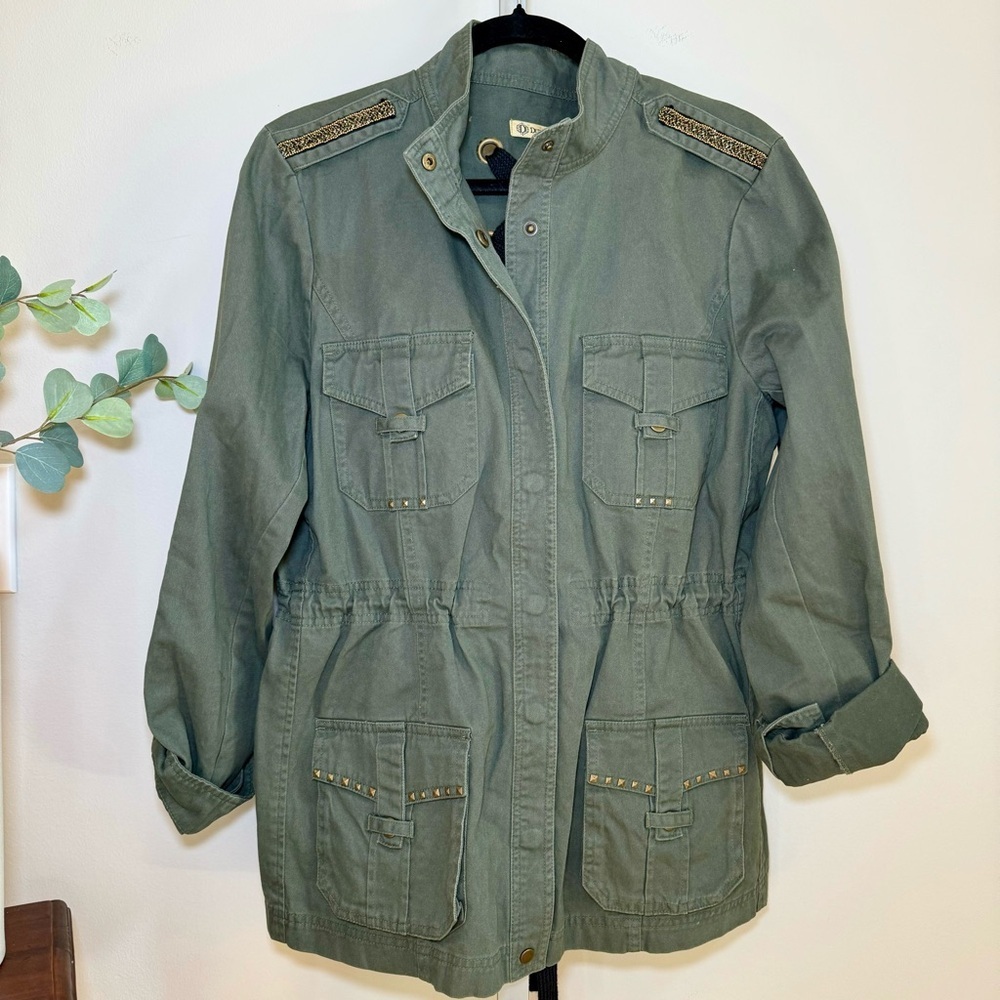 Democracy Olive Green Studded Embellished Lace Up Back Cargo Jacket Size Large